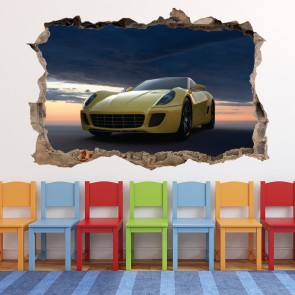 Yellow Sports Car Racing 3D Hole In The Wall Sticker