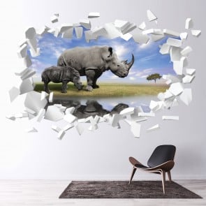 Rhino White Brick 3D Hole In The Wall Sticker