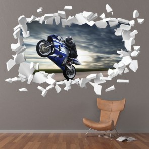 Motorbike Stunt White Brick 3D Hole In The Wall Sticker
