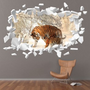 Tiger In The Snow White Brick 3D Hole In The Wall Sticker