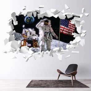 Man On The Moon Space White Brick 3D Hole In The Wall Sticker