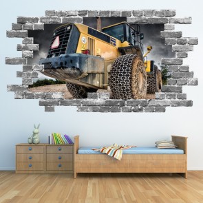 Yellow Tractor Grey Brick 3D Hole In The Wall Sticker