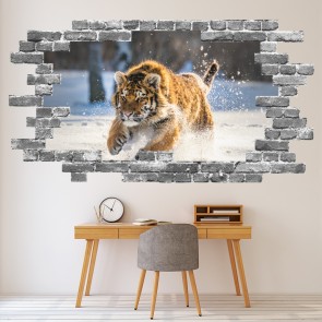 Tiger Pounce Grey Brick 3D Hole In The Wall Sticker