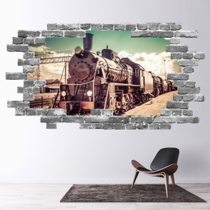 Steam Engine Train Grey Brick 3D Hole In The Wall Sticker