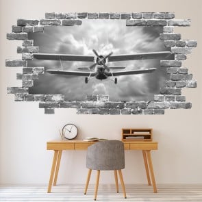 Biplane Aircraft Grey Brick 3D Hole In The Wall Sticker