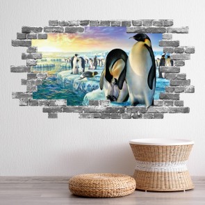 Arctic Penguins Grey Brick 3D Hole In The Wall Sticker