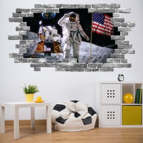 Man On The Moon Space Grey Brick 3D Hole In The Wall Sticker