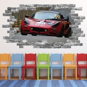 Red Sports Race Car Grey Brick 3D Hole In The Wall Sticker
