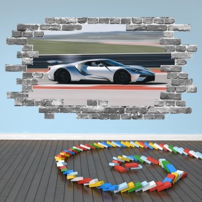 White Racing Car Sports Grey Brick 3D Hole In The Wall Sticker