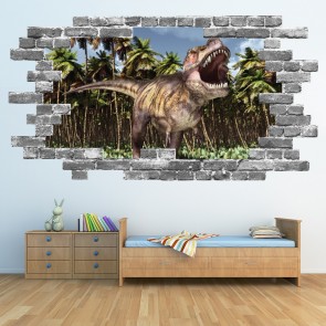 T-Rex Roar Dinosaur Grey Brick 3D Hole In The Wall Sticker