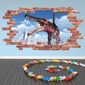 Spinosaurus Dinosaur Red Brick 3D Hole In The Wall Sticker
