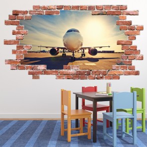 Airplane Sunrise Red Brick 3D Hole In The Wall Sticker