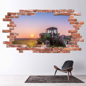 Green Tractor Farm Red Brick 3D Hole In The Wall Sticker