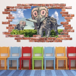 Triceratops Dinosaur Red Brick 3D Hole In The Wall Sticker