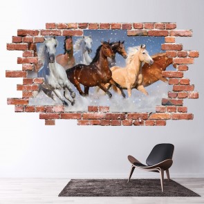 Wild Running Horses Red Brick 3D Hole In The Wall Sticker
