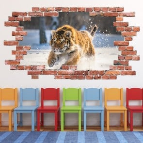 Siberian Tiger Red Brick 3D Hole In The Wall Sticker