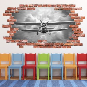 Vintage Biplane Airplane Red Brick 3D Hole In The Wall Sticker