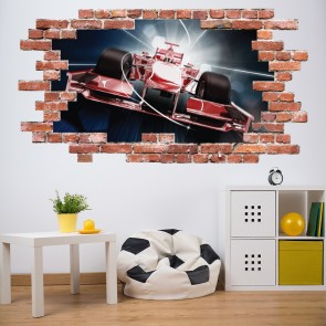 Red Race Car Racing Red Brick 3D Hole In The Wall Sticker