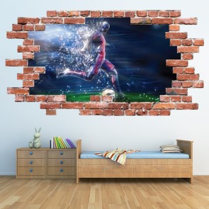Football Striker Sports Red Brick 3D Hole In The Wall Sticker