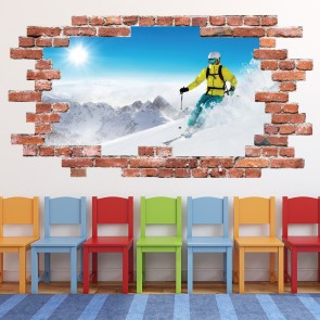 Ski Slopes Skiing Winter Sports Red Brick 3D Hole In The Wall Sticker