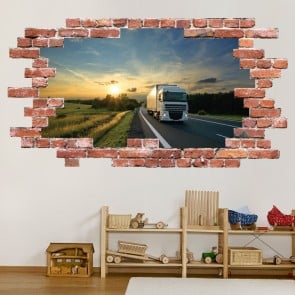 Lorry Sunset Red Brick 3D Hole In The Wall Sticker
