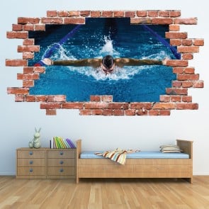 Swimming Sports Red Brick 3D Hole In The Wall Sticker