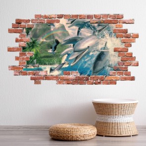 Dolphins Red Brick 3D Hole In The Wall Sticker