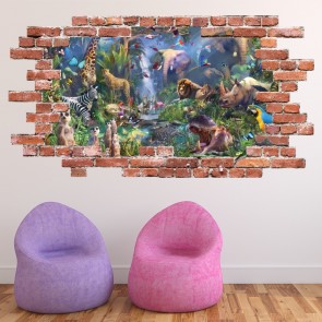 Jungle Animals Red Brick 3D Hole In The Wall Sticker