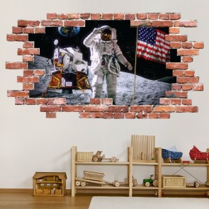 Man On The Moon Space Red Brick 3D Hole In The Wall Sticker