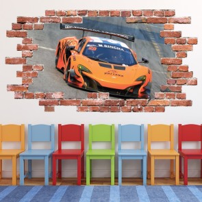 Orange Race Car Sports Red Brick 3D Hole In The Wall Sticker