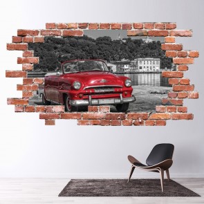 Red Classic Car Red Brick 3D Hole In The Wall Sticker