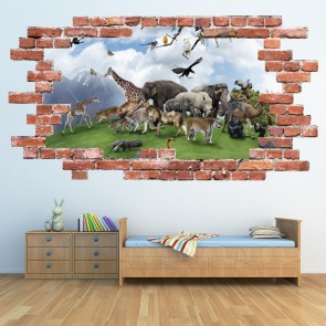 Wild Animals Red Brick 3D Hole In The Wall Sticker
