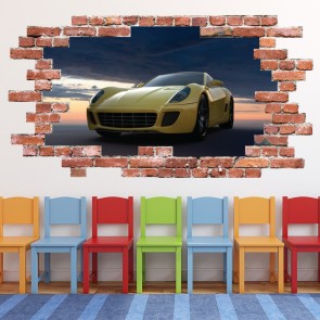 Yellow Sports Car Red Brick 3D Hole In The Wall Sticker