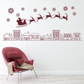 Santa Reindeer Over Christmas Town Wall Sticker