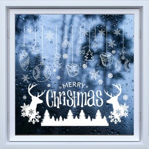 Merry Christmas Reindeer & Baubles Christmas Scene Frosted Window Sticker