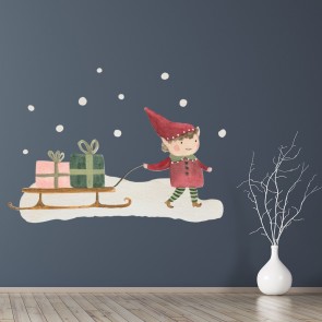 Christmas Elf & Sleigh Festive Wall Sticker