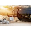 Viking Ships Ocean Sunset Wall Mural Wallpaper