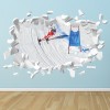 Winter Skiing Slalom White Brick 3D Hole In The Wall Sticker