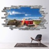 Red Campervan Beach Grey Brick 3D Hole In The Wall Sticker