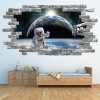 Planet Earth Space Astronauts Grey Brick 3D Hole In The Wall Sticker