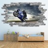 Blue Motorbike Rider Grey Brick 3D Hole In The Wall Sticker