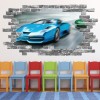 Blue Race Cars Grey Brick 3D Hole In The Wall Sticker