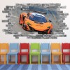Orange Sports Car Racing Grey Brick 3D Hole In The Wall Sticker