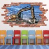 Yellow Construction Digger Red Brick 3D Hole In The Wall Sticker