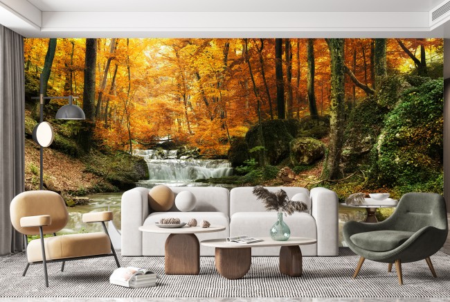 Waterfall By Autumn Trees Wall Mural Wallpaper