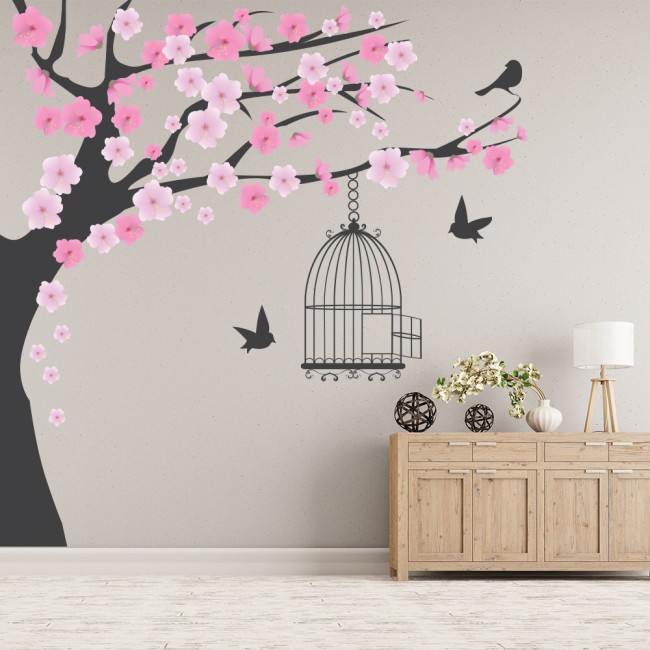Pink Blossom Tree Wall Sticker Bird Cage Wall Decal Nursery Home Decor