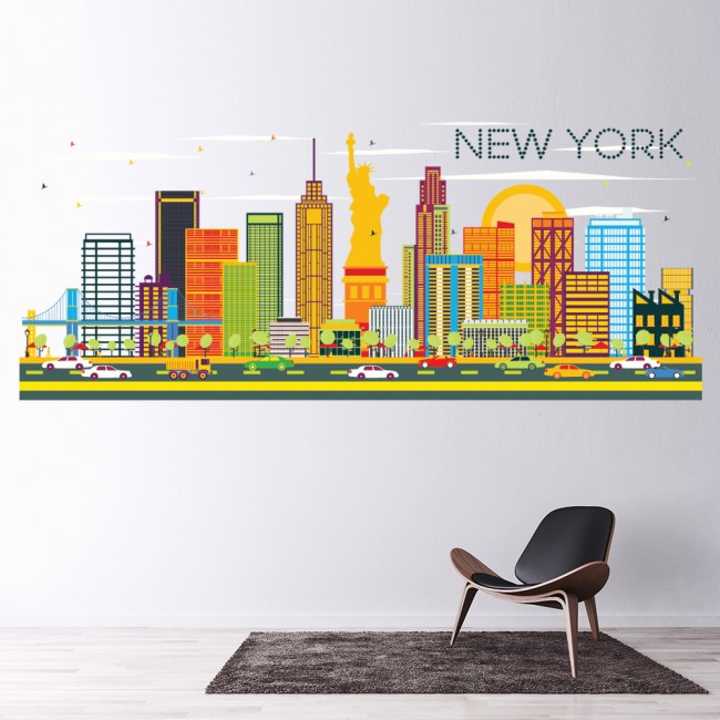 New York City Colourful Skyline Wall Sticker - New York Wall Stickers Uk
