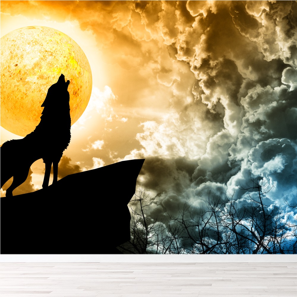 Howling Wolf &amp; Full Moon Wall Mural Wallpaper