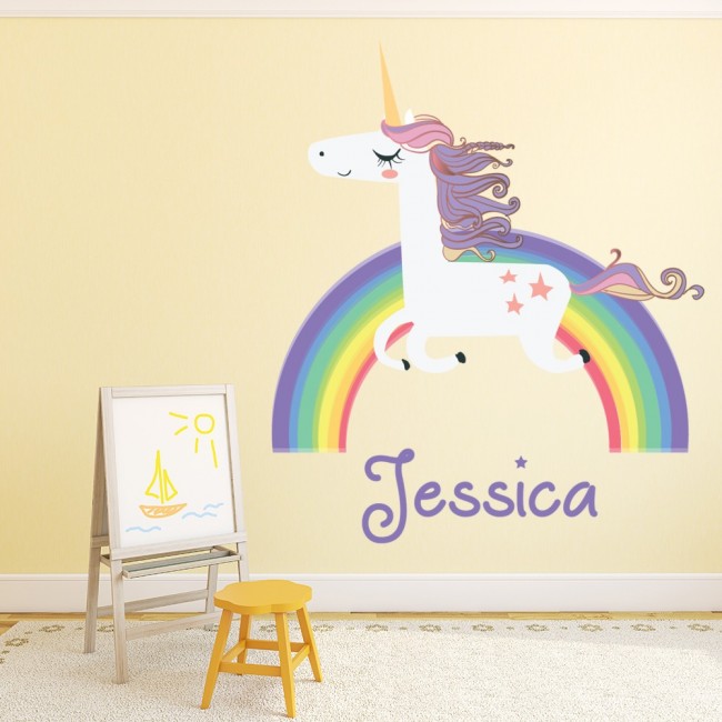Custom Name Rainbow Unicorn Wall Sticker Personalised Kids Room Decal