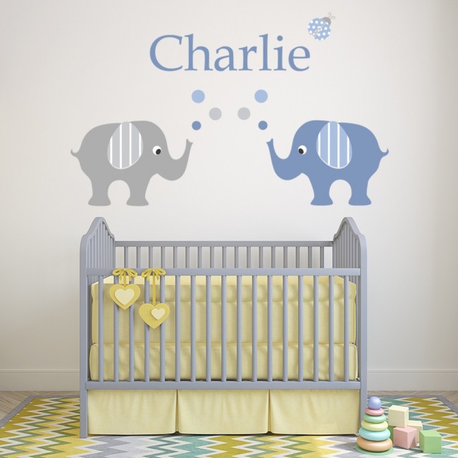 Custom Name Elephants Baby Boy Nursery Wall Sticker Personalised Kids  WS-51203 